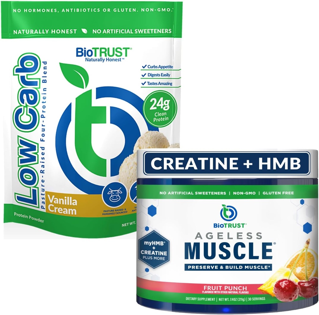 BioTrust 無年齢の筋肉(フルーツ パンチ)および低い炭水化物の多蛋白質(バニラ クリーム)の束