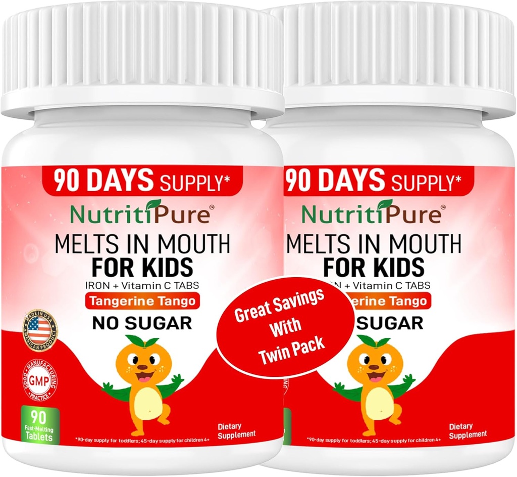 チャイブルアイアンは、タンジェリンタンゴオレンジ風味のキッズ(Ferronyl®/Carbonylアイアン9mgとビタミンC 30mg)のタブレットで90カウント(2ボトル)を補います