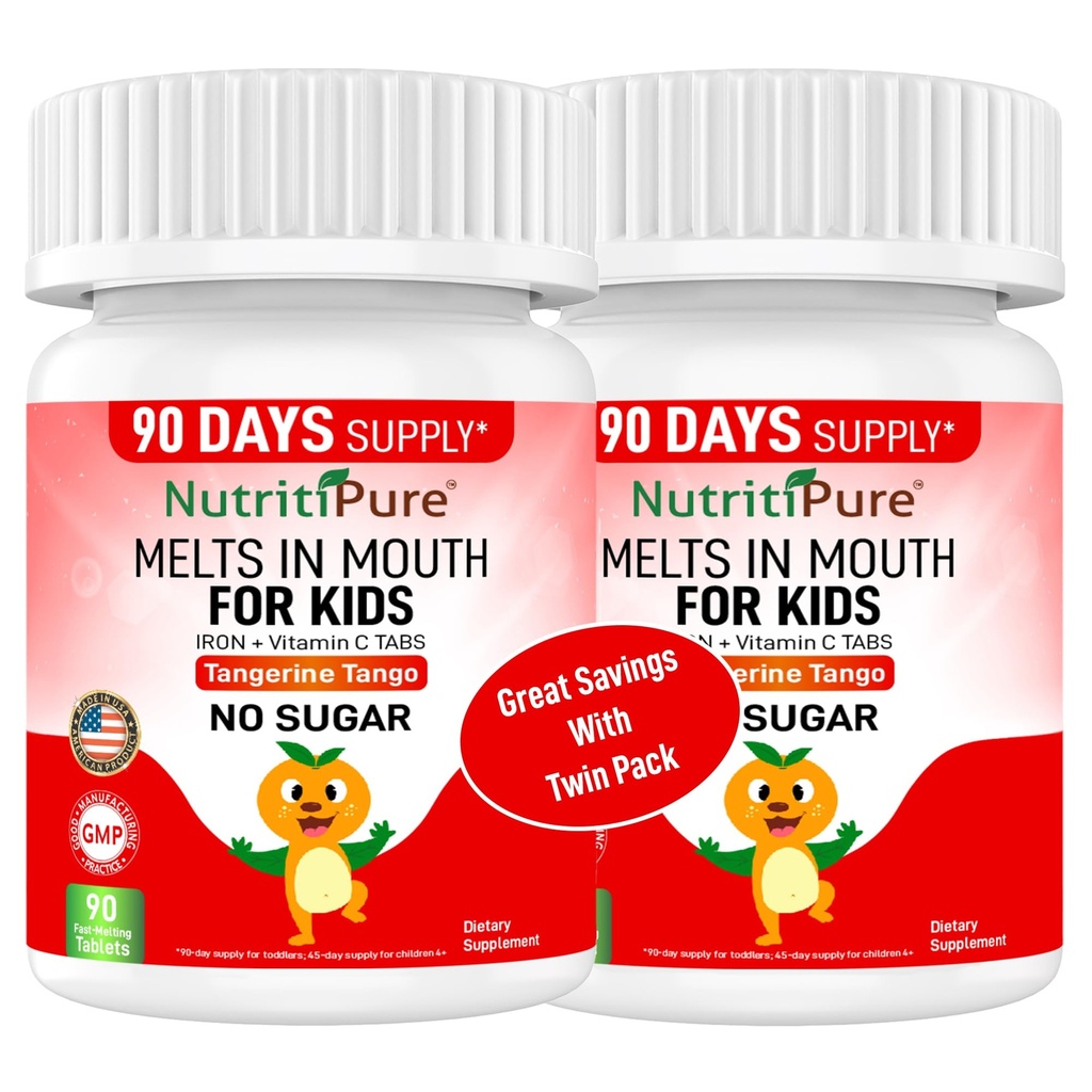 チャイブルアイアンは、タンジェリンタンゴオレンジ風味のキッズ(Ferronyl®/Carbonylアイアン9mgとビタミンC 30mg)のタブレットで90カウント(2ボトル)を補います