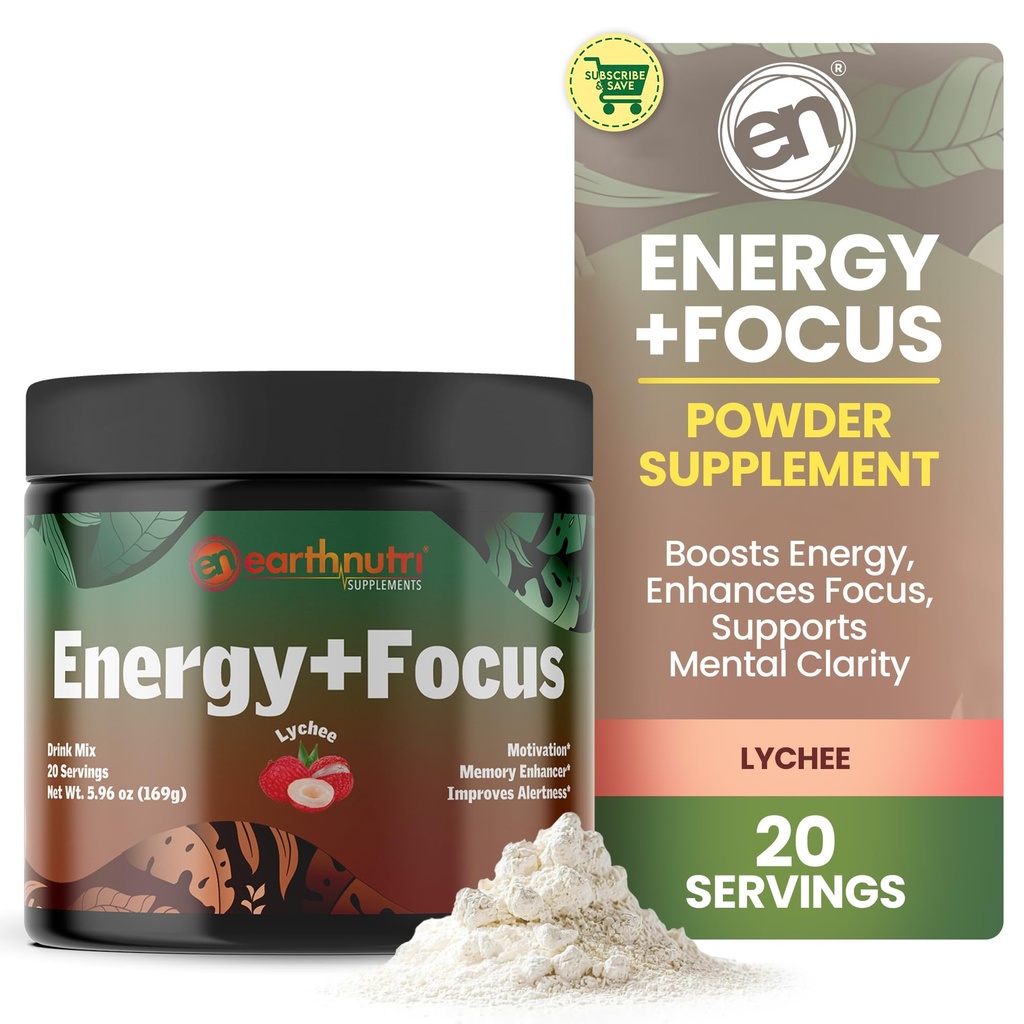 EarthNutriエネルギー+フォーカスパウダーサプリメント - PeakO2、AlphaSize、Cognizin、Purcaf、Theacrine、Acetyl L-Carnitine L-Tyrosine - Lychee Flavor - 20サービング(171g)