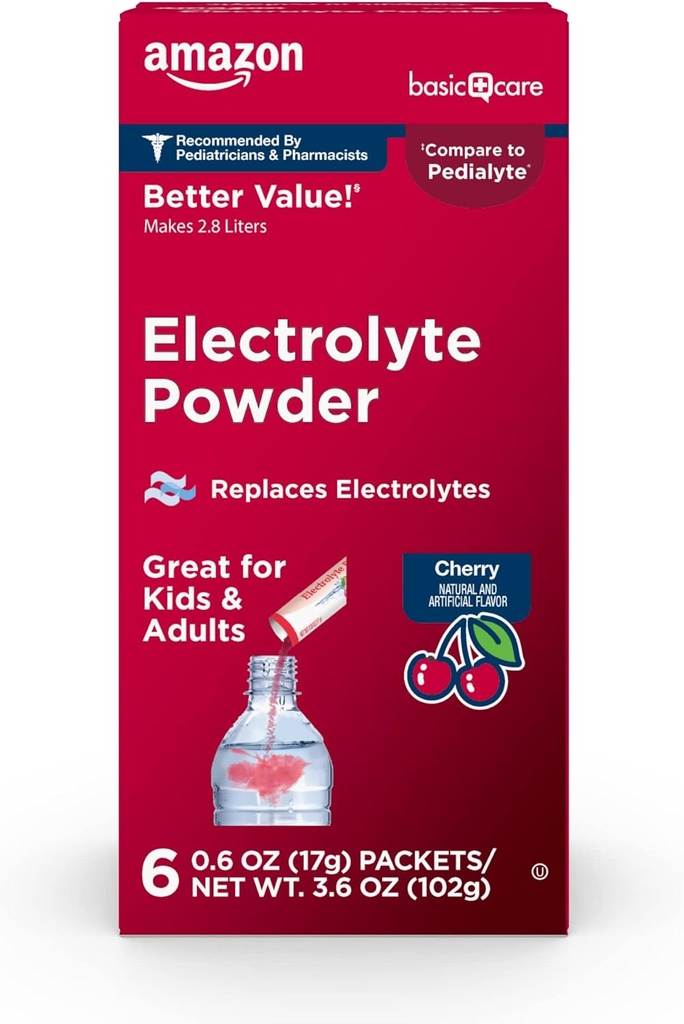   Basic Care Electrolyte Powder Packets for Kids & Adults, Cherry Flavor, 6 count (Pack of 1)