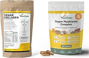 Vegan Vitality Nutrition Booster Bundle - Super Mushroom Complex and Collagen Booster. High Strength Plant Based Formula for Skin, Hair, Immunity and Overall Health for Vegans and Vegetarians