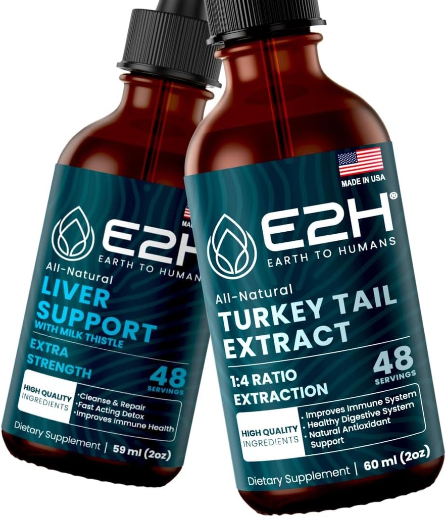 E2H:肝臓サポートサプリメントとトルコテールマッシュルームエキス | ビーガン、非GMO - 2 Fl Oz 各(4 Fl Oz合計) - バンドル