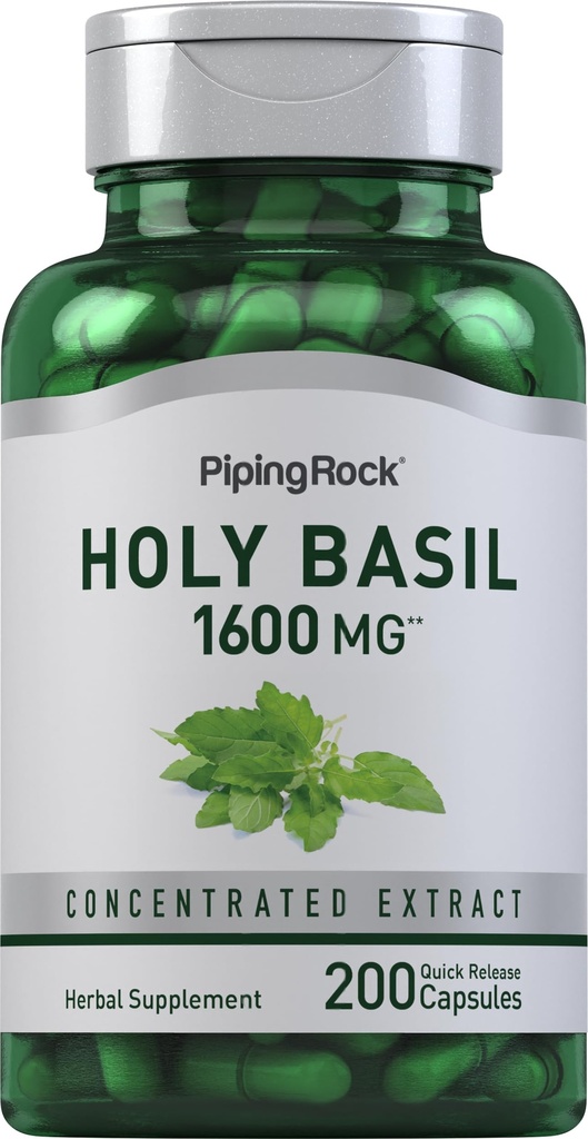パイピングロック 聖バジルカプセル | 1600 mg | 200 丸薬 | ハーブリーフエキス | 女性と男性のためのサプリメント | 近似テヌフローラム | 非GMO、グルテンフリー