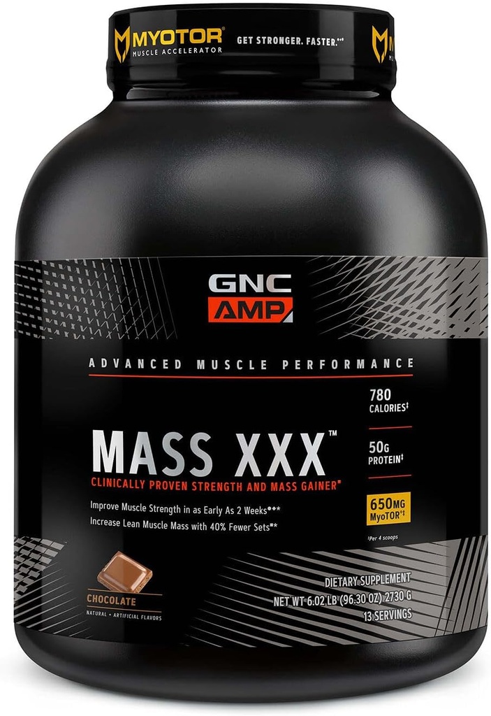 GNC AMP の固まり XXX、臨床的に証明される重量のゲインダーの蛋白質の粉、改良します強さおよびサイズ、780 カロリー、50g 蛋白質、マイクロ化されたアミノ酸、クレアチン、ベタイン、チョコレート、13 サービング、6 ポンド