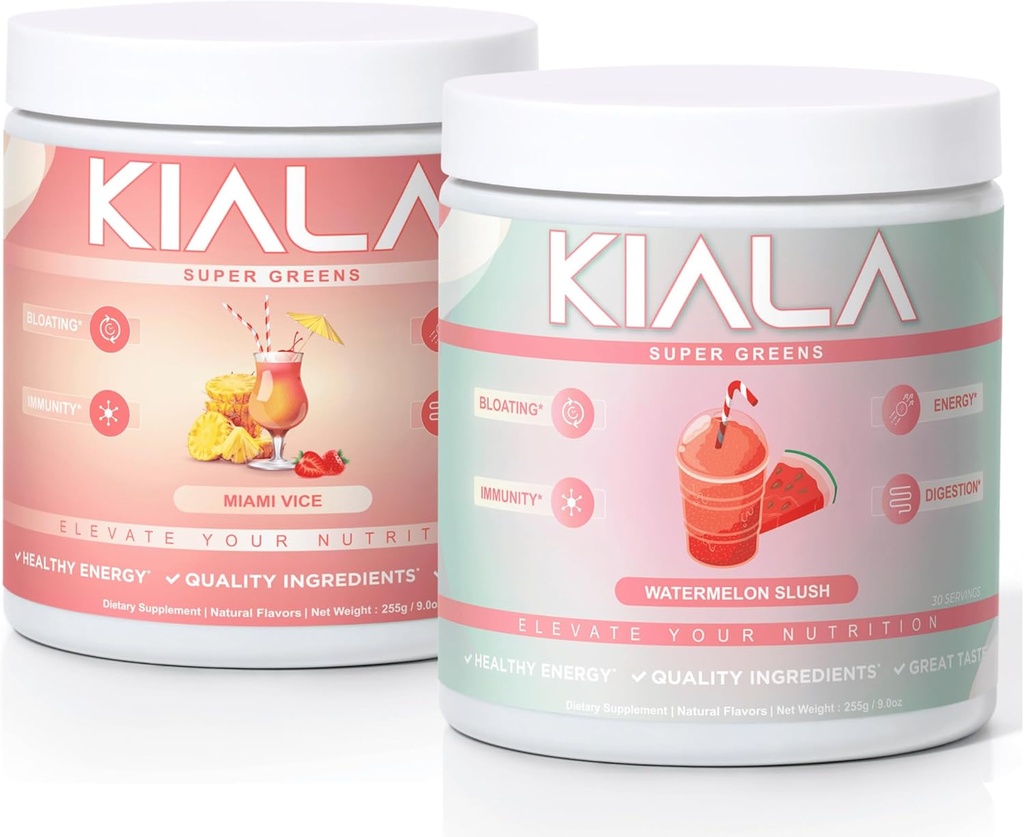 キアラ栄養スーパーグリーン、有機グリーンパウダー、スピルリナ&クロレラスーパーフードパウダー、砂糖&グルテンフリービーガン、スペトラブレンド、マイアミバイス、スイカスラッシュ2パック