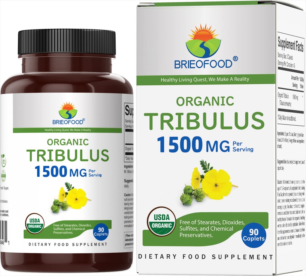 Brieofoodオーガニックトリブラス1500mg、45サービング、ベジタリアン、グルテンフリー、90ベジタリアンタブレット