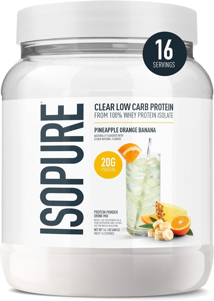 Isopure Clear Whey Isolate Protein Powder, Lactose Free, Gluten Free, Naturally Flavored, Pineapple Orange Banana, 20g Protein Per Serving, 14.1 Oz, 16 Servings (Packaging May Vary)