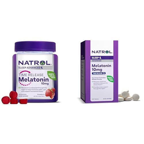 NatrolタイムリリースMelatonin 10 mg 100錠のバンドル, 残りの睡眠のための栄養補助食品, & NatrolタイムリリースMelatoning 3mgグミー, 35 いちご風味のMelatoninグミー, 35 デイサプライ