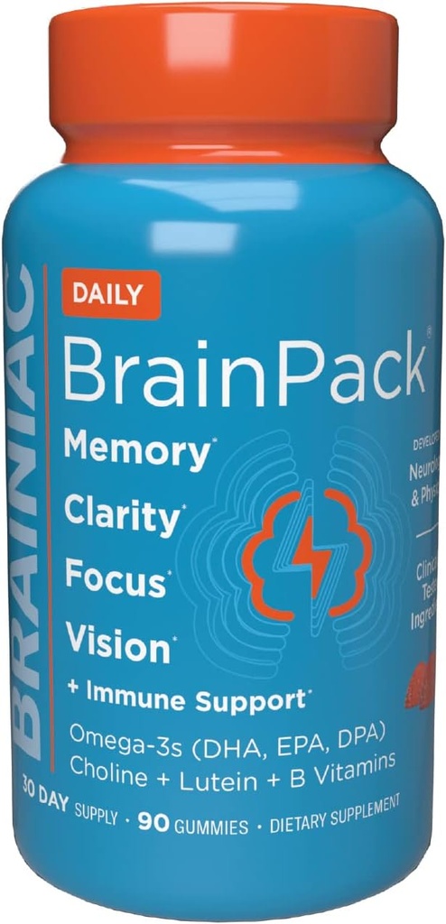 Brainiac毎日のBrainPackのガミー、サポートOmega 3 DHA EPA DPA、コリン、B6及びB12および免疫サポート、Citrus Berryの味、90のctinの目の健康のためのLuteinの健康