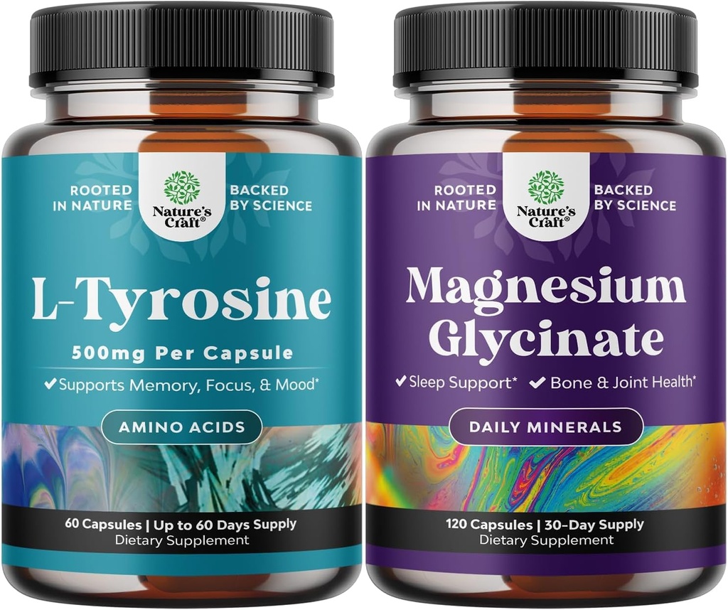 Bundle of Free Form L Tyrosine 500mg Capsules - High Strength L-Tyrosine Supplement for Mental Energy and Focus Support and Magnesium Glycinate 400mg Per Serving for Mood Sleep and Relaxation