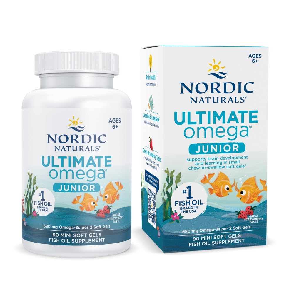 Nordic Naturals Ultimate Omega Jr., ストロベリー - 90 ミニソフトジェル - 680 EPAとDHA - 脳の健康, 気分, 学習 - Non-GMO - 45 サービング