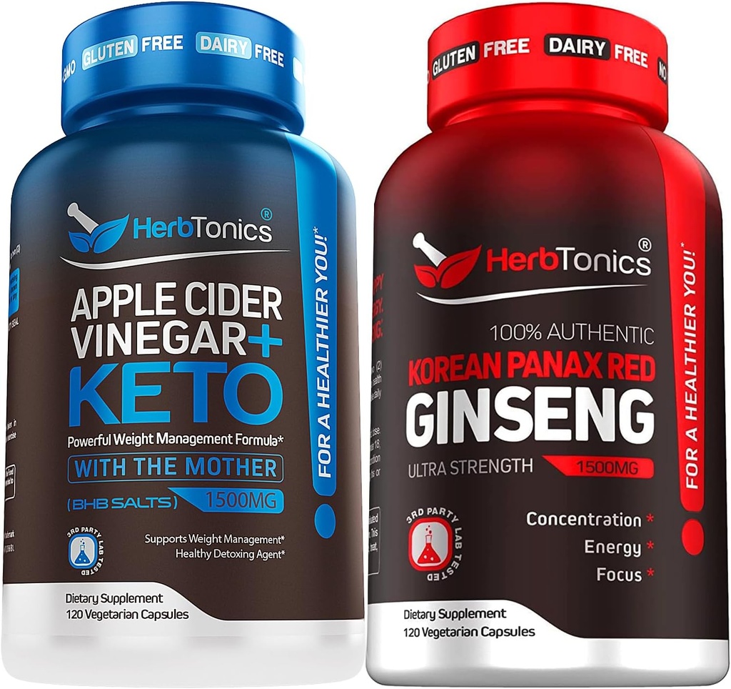 Herbtonics Apple Cider Vinegar Capsule Plus Keto BHB | 女性と男性のための脂肪バーナー&減量の補足 - 高強度のGinseng韓国の赤いPanaxのエキス - 男性と女性のための性能サポート