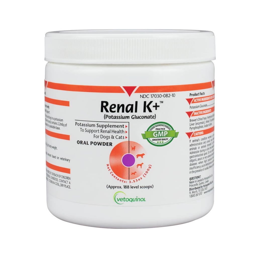 犬と猫のためのVetoquinol Renal K+ (Potassium Gluconate)のカリウムの補足の粉、3.5oz