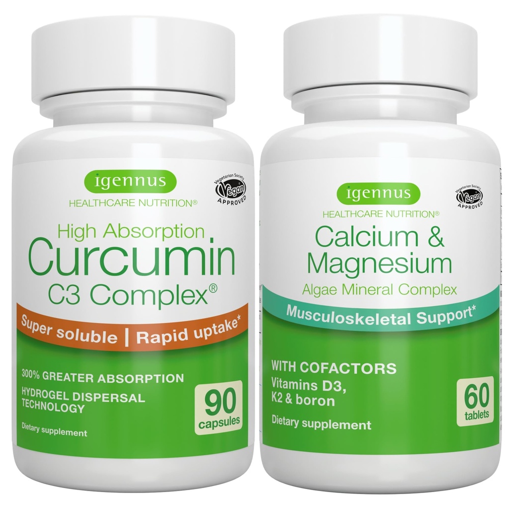 Algae Calcium&マグネシウムコンプレックス+高吸収クルクミンC3コンプレックス, ボンベのためのビーガンバンドル, 関節 & 運動からの回復, イゲンヌスによる