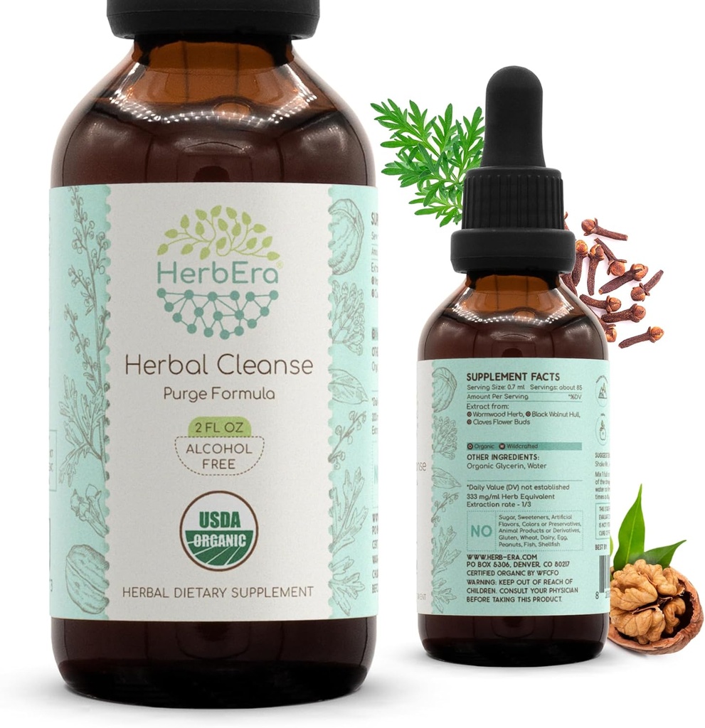 HerbEra Herbal Cleanse Organic Alcohol-Free Tincture | Detox and Cleanse Formula, Extract Supplement | Organic Wormwood Herb, Black Walnut Hull, Cloves Flower Buds | Purge Extract (2 fl oz)