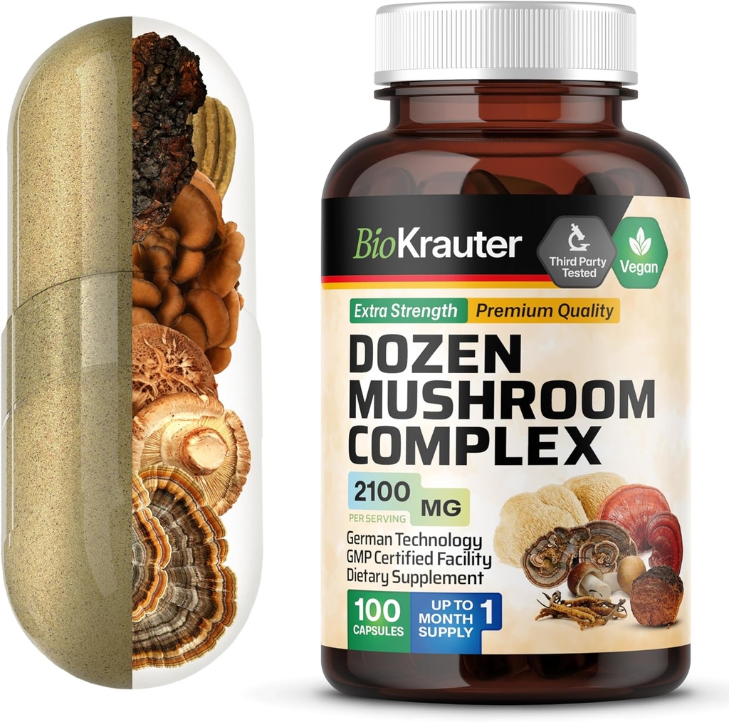 BIO KRAUTER Dozenキノココンプレッションカプセル 2100 mgのブレンド - 100ビーガンキャップ - 免疫サポートのためのワンマッシュルームサプリメントの12抽出物 - ライオンズマネ、レイシ、コルディセプ