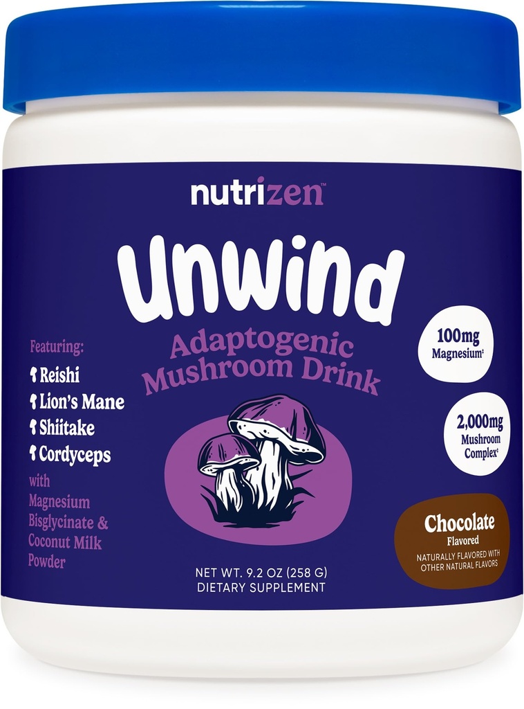 Nutricost Nutrizen PM Unwind Adaptogenic きのこの飲み物(チョコレート味付け) 30 サービング - Reishi、ライオンのマネ、シイタケ、コルディセプを含む