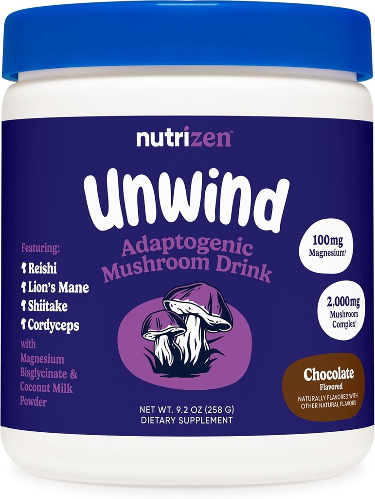 Nutricost Nutrizen PM Unwind Adaptogenic きのこの飲み物(チョコレート味付け) 30 サービング - Reishi、ライオンのマネ、シイタケ、コルディセプを含む