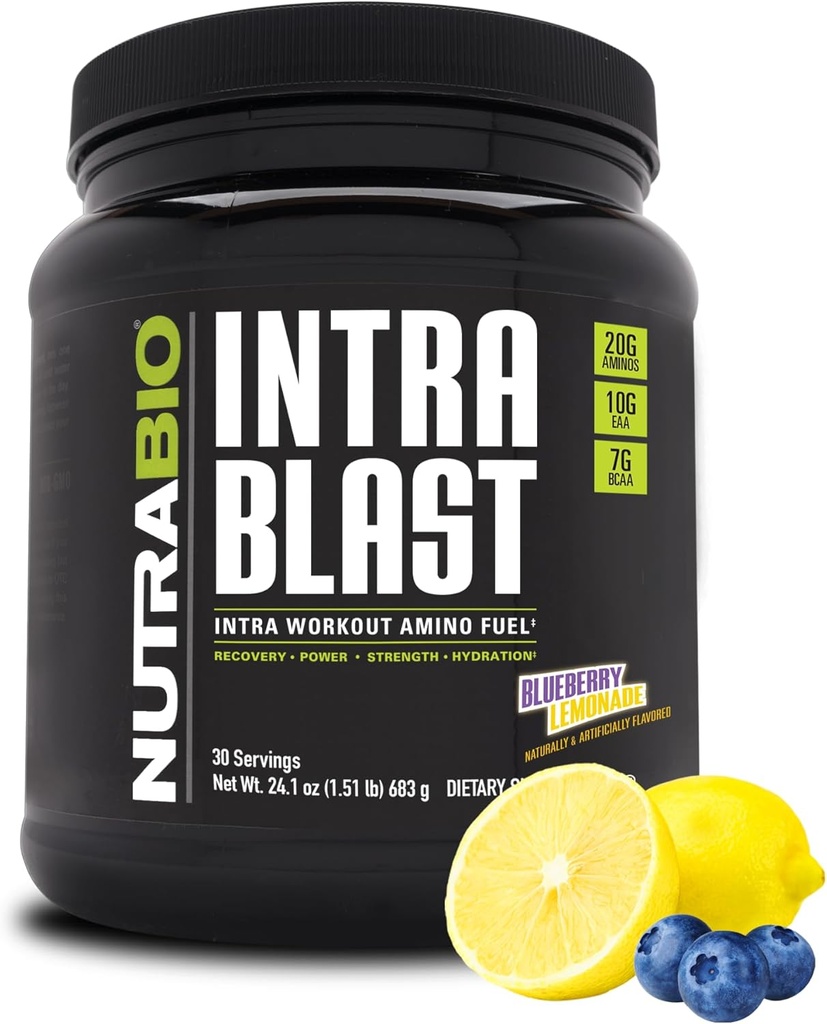 NutraBio Intra Blast Bcaaの粉のアミノ酸の補足、電解質及び水和のブレンド、Intra、前ワークアウト及び筋肉回復、20g Eaaaのアミノ酸の粉、5gグルタミン ブルーベリーLemonade、30のサービング