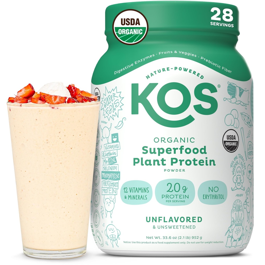 KOSビーガンプロテインパウダー、アンフレーバー&Unsweetened - 低炭水化物ピーアプロテインブレンド、ビタミン&ミネラルの有機スーパーフードリッチ - Keto、大豆、乳製品無料 - 女性&男性のための食事の交換 - 28 サービング