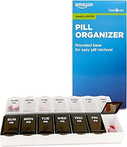   Basic Care (7-Day) AM/PM Pill Organizer, Vitamin Case, And Medicine Box, Large Compartments, 2 Times a Day, Black and Clear Lids