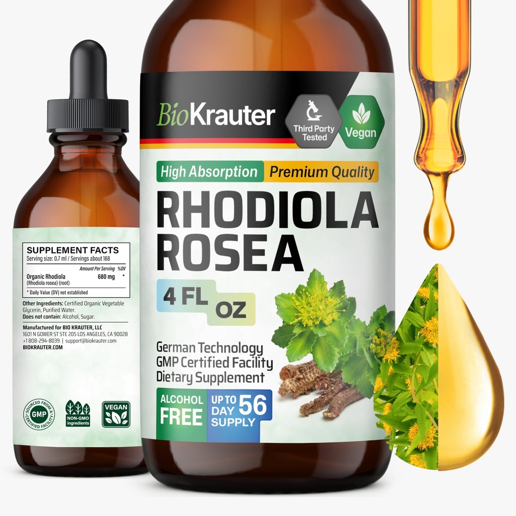 BIO KRAUTER Rhodiolaの補足の液体-カルムネス サポートのための純粋なRhodiola Roseaのチンチ-アルコール及び砂糖の自由なエキス- 4 Fl.Oz。