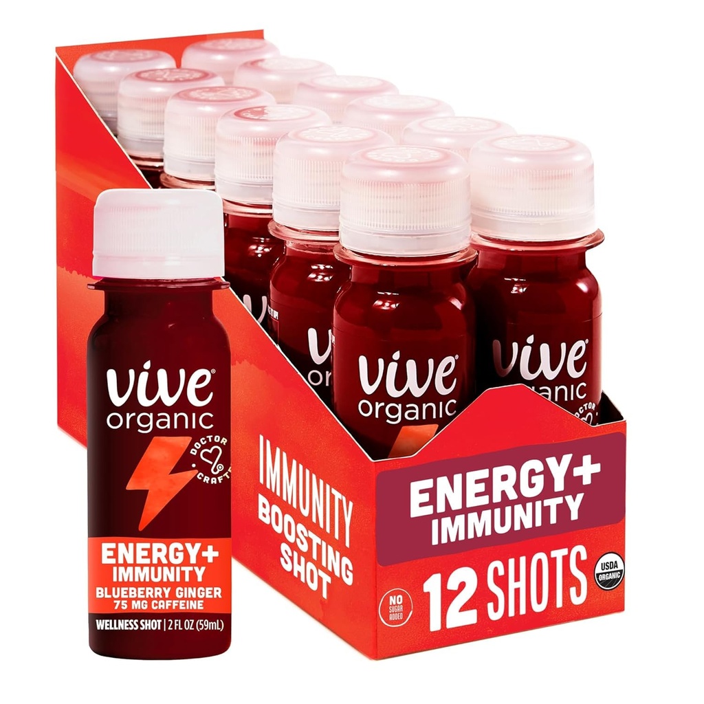 Vive Organic Energy Shot + Immune サポート、Ashwagandha、グリーンティー&カフェイン、グルテンフリー、ビーガン、エネルギー、フォーカス、2 Fl Oz(12パック)