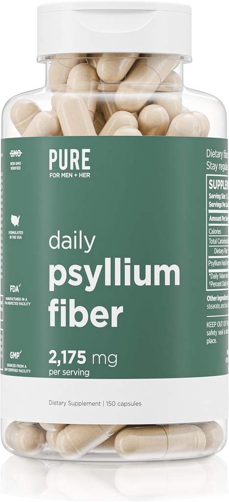 日頃のPsyllium Husk Fiber Supplement by Pure for Men & Pure for Her | 消化レギュレーション & Gut Health Support | 溶性繊維粉、サービングあたり2,175mg | 150カプセル