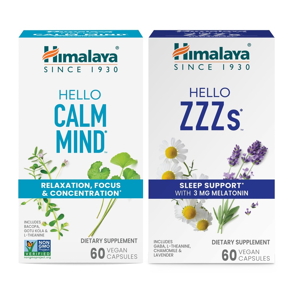 Himalaya Hello Calm mind ととも に Bacopa のために リラクゼーション, 焦点と集中 & 睡眠サポートのためのMelatoninとHello ZZZs, 60 カプセルそれぞれ - バンドル