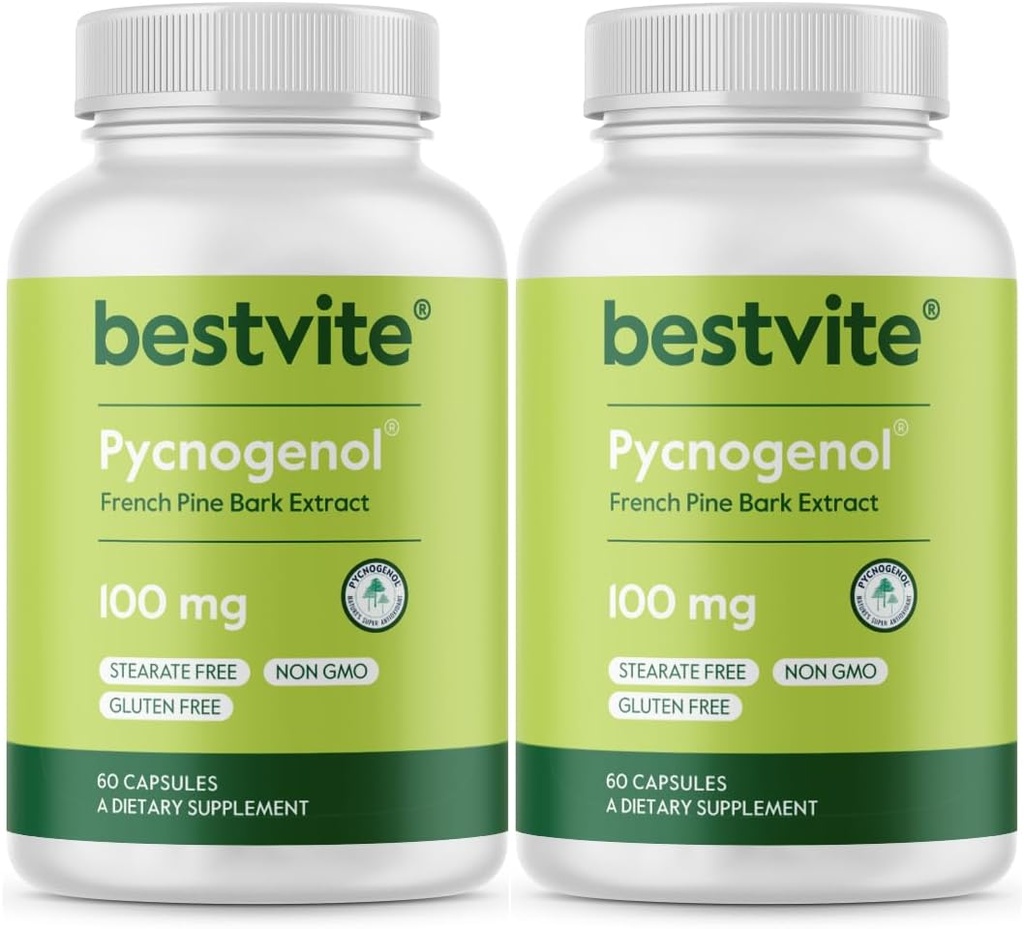 BESTVITE Pycnogenol 100mg (120カプセル) (60x2) - フランスのマリタイムパインバーク抽出物 - いいえステアレート - グルテンフリー - 非GMO