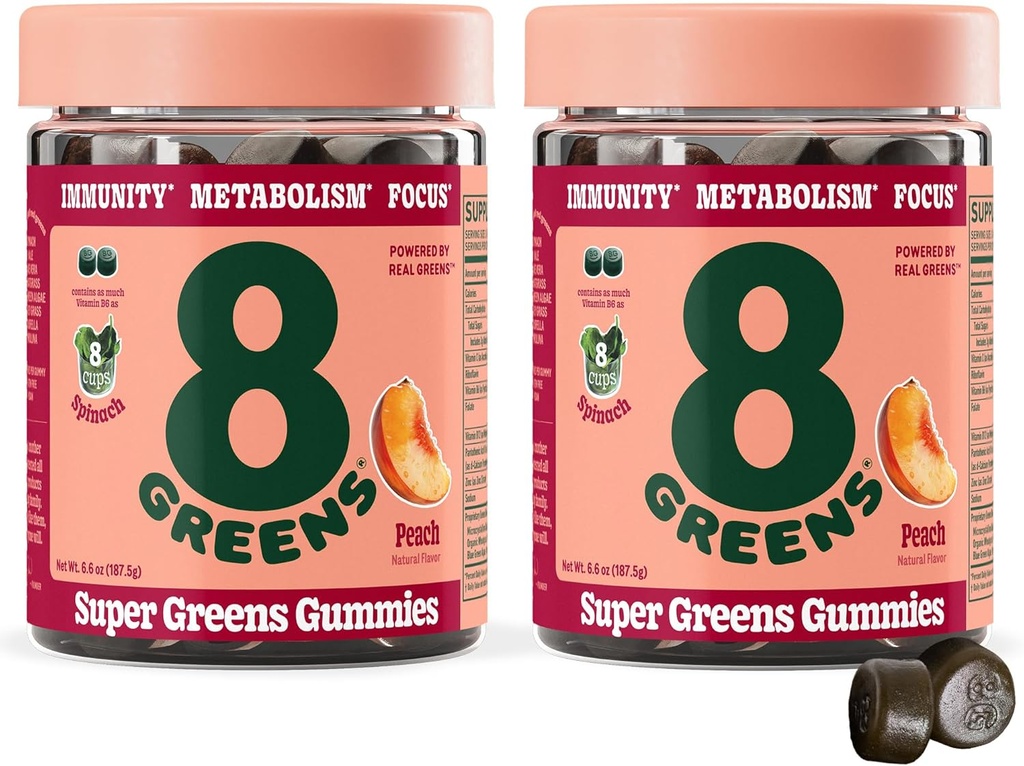 8Greens Supergreens Gummies | メタボリズム、免疫&フォーカス、消化の健康酵素、有機: クロレラ、スピルリナ、アロエベラ、ピーチ風味、100カウント
