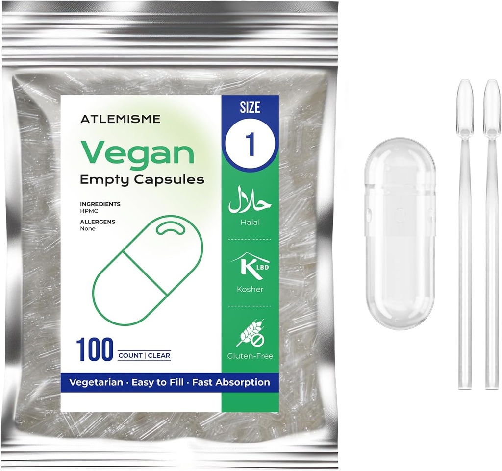 Empty Vegan Capsules Size 1 - Empty (100 Count) DIY Vegetable Capsule Filling - Veggie Caps with 2 Micro Lab Spoons for Capsule Filling