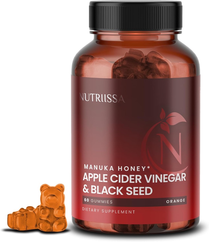 Nutriissa - Apple Cider Vinegar + Black Seed Oil + Elder Berry + Manuka Honey Gummies – Cold-Pressed Cumin Seed Nigella Sativa – EPEB Certified for Purity & Potency – 60 Orange Flavored Gummies