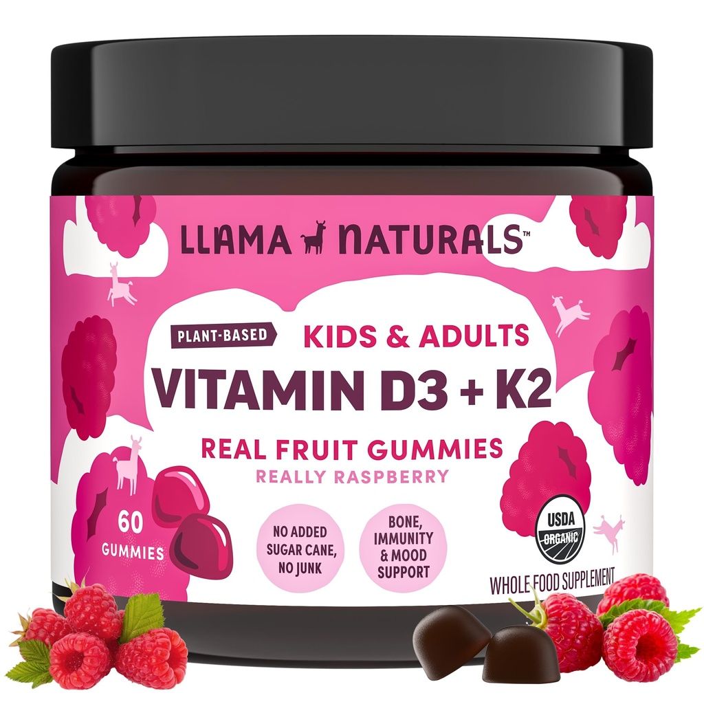 Llama NaturalsビタミンD3、ビーガン、有機免疫サポートサプリメント、大人と子供のためのビタミンDガミー、実際のフルーツガミービタミン、骨の健康を促進し、追加砂糖ケーン、ラズベリー、60 Ct