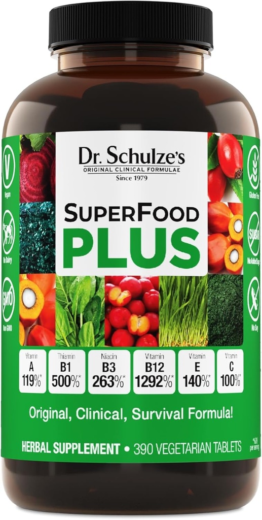 Dr. Schulzeのスーパーフードプラス | ビタミン&ミネラルハーブ濃度 | 毎日の栄養と増加エネルギー | グルテンフリー&非GMO | ビーガン | 390 タブ | 包装 5 月 Vary