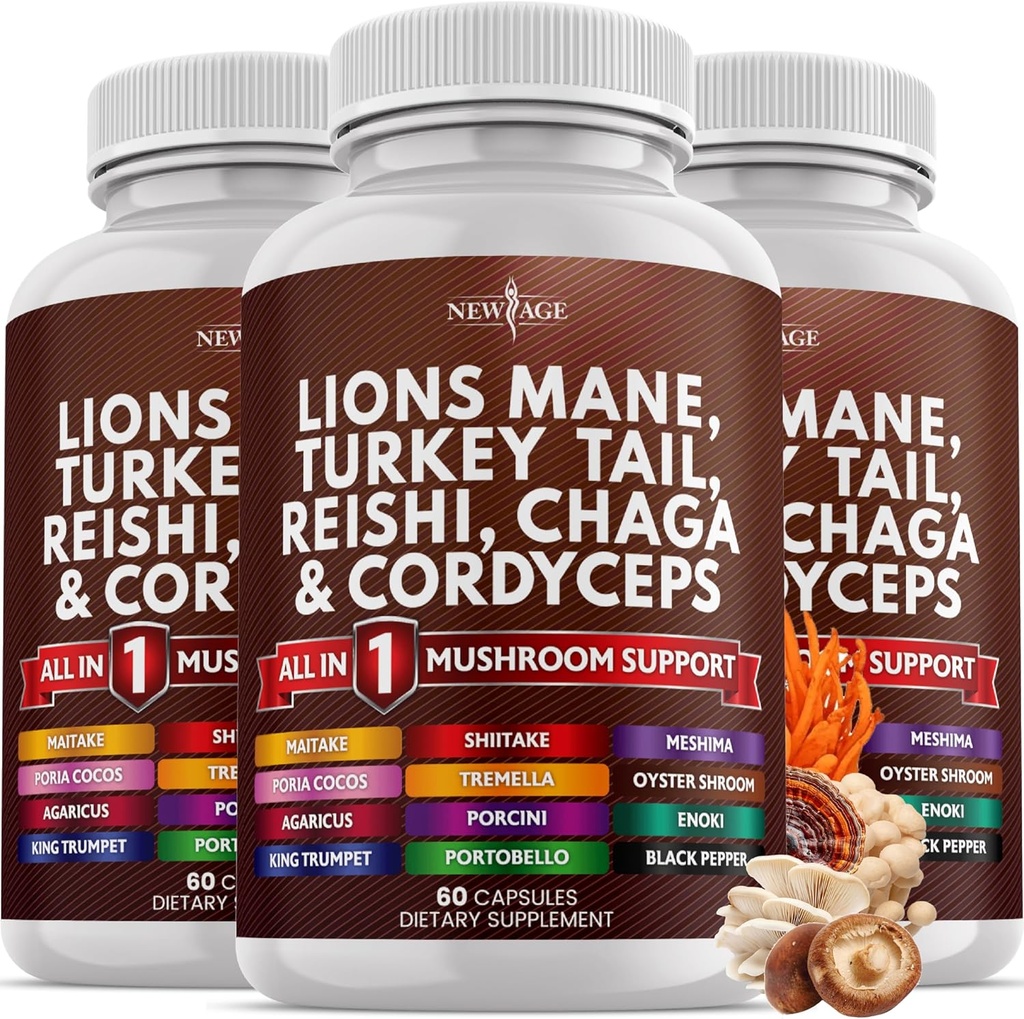 NEW AGE Lions Mane Mushroom Supplement with Turkey Tail Reishi Cordyceps Chaga with Marshmallow Root 180 Count