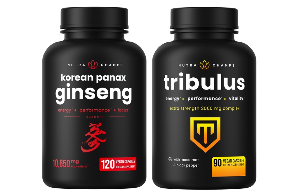 NutraChamps韓国のGinsengのカプセルおよびTribulusのカプセル2のパックの束