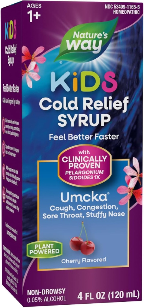 Nature's Way Cold Relief Syrup for Kids 1+, Umcka, Shortens Duration & Reduces Severity, Multi-Symptom Cold Relief, Homeopathic, Phenylephrine Free, Cherry Flavored, 4 Fl Oz (Packaging May Vary)