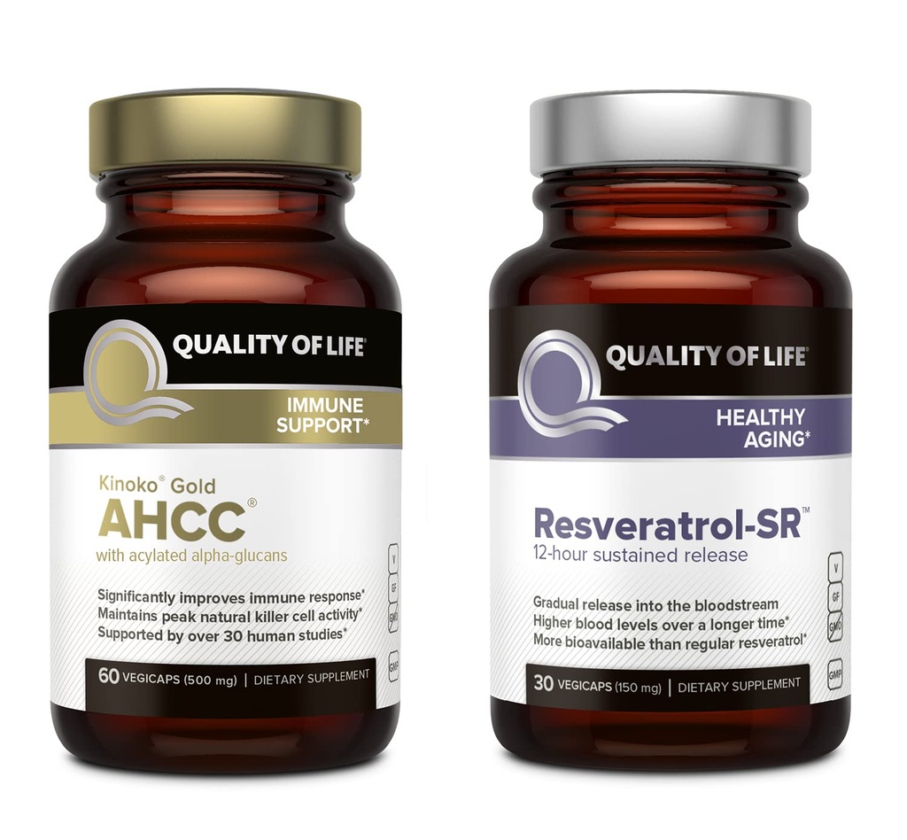 生命の質の特徴 Kinoko の金 AHCC および Resveratrol SR は解放の方式を持続させました - 免疫、健康な老化の束