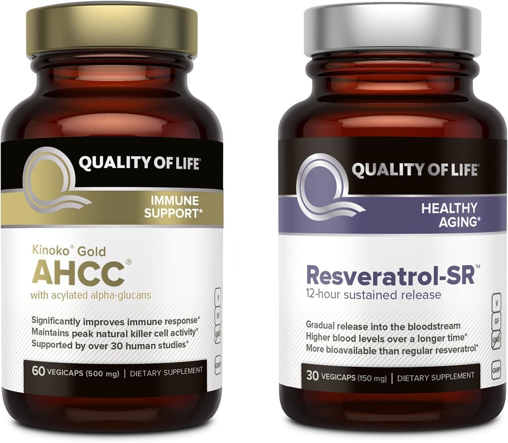 Quality of Life Features Kinoko Gold AHCC and Resveratrol SR Sustained Release Formula - Immune, Healthy Aging Bundle
