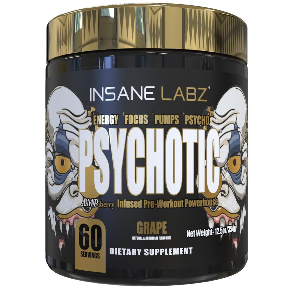 Insane Labz の精神的な金、高い興奮剤のプレワークアウトの粉、ベータ アランナイン、DMAE の Bitartrate との極端な持続エネルギー、ポンプおよび持久力無し、ブースター無し(60 のサービング、ブドウ)
