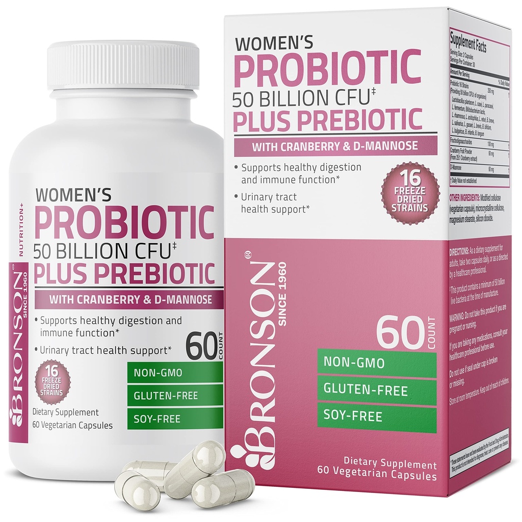 Bronson Women's Probiotic 50 Billion CFU + Cranberry & D-Mannoseとプレバイオティック - 腟の健康、健康な消化、免疫機能および尿路サポート、非GMO、60ベジタリアンカプセル