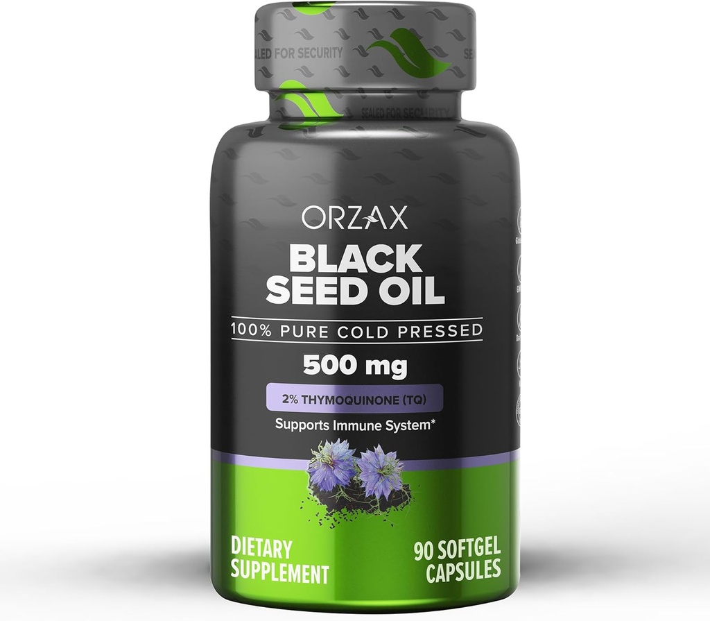 ORZAX の黒い種のオイルは 100% の純粋プレスしました | Non-GMO - Omega 3 6 9 の豊富及び Thymoquinone | 免疫サポート、毛、皮、表面のための黒い Cumin Nigella のサティバ オイル(500 mg - 90 Softgel のカプセル)