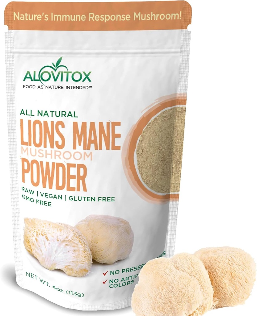 Alovitoxオーガニックライオンのマネのマッシュルームパウダー | 天然スーパーフード for Brain, エネルギー & 免疫健康, 神経サポートを提供します。, GI 保護, 心血管の利点 | GMO なし, 完全菜食主義者の, グルテンフリー | 4 oz