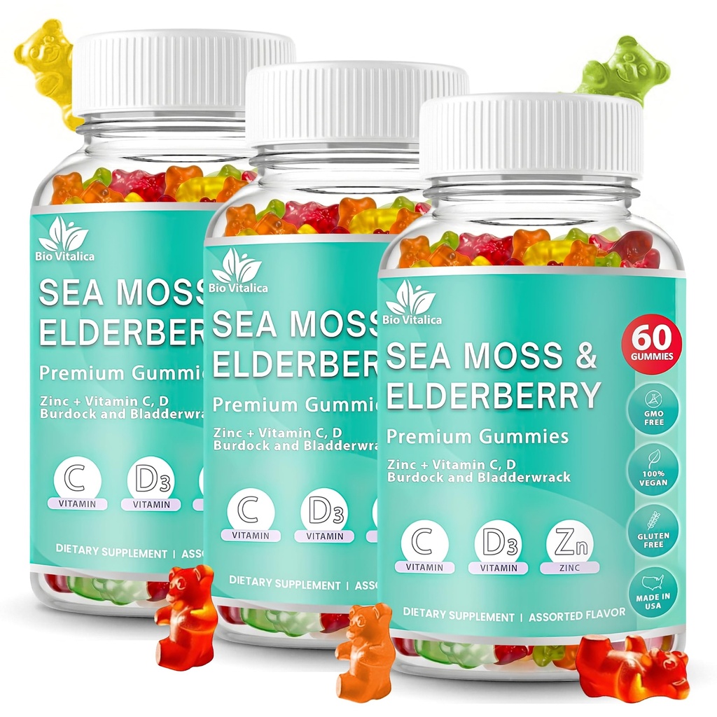 BIO VITALICA 海苔 グミーズ エルダーベリーバイオビタリカ - ビタミンC D +亜鉛 - アイルランドのシーモス ヴィーガン 免疫のためのゲル&パウダー、デトックス - 大人と子供(3パック)