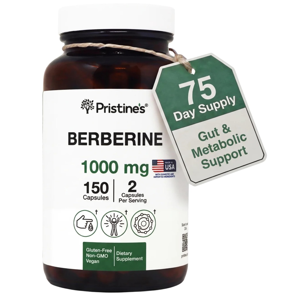 PRISTINEのBerberineの補足のカプセル- 1000のMG 75の日の供給150のカプセル-中心、及び免除の健康サポート酸化防止剤-消化管路及び健康なGutのFloraサポート