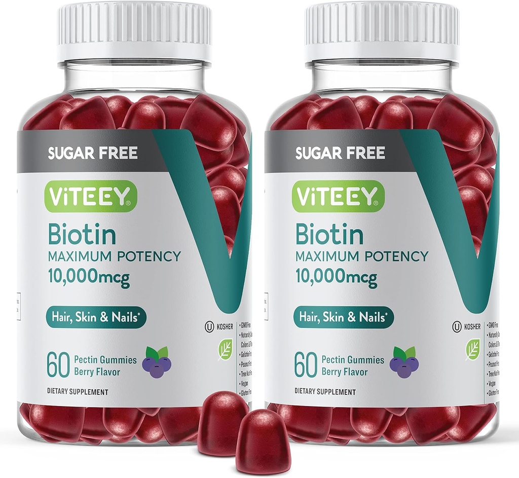 毛、皮および釘のためのViteeyのビオチンのグミies 10,000mcg - 砂糖は放します - 毛の成長のグミ、健康な皮の白、強い健康な釘の成長 - 完全菜食主義者の、グルテンフリー、ゼラチンの自由な味の果実味