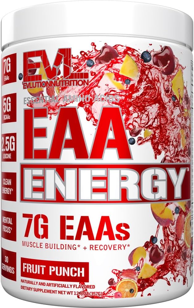 Evlution Nutrition EAA Energy - Pre & Post Workout Powder - Muscle Building & Recovery Supplement - 7g Essential Amino Acids + 5g BCAAs - Clean Energy - with Caffeine - 30 Servings - Fruit Punch