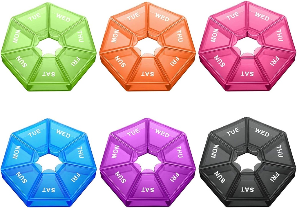 Patelai 6 PCの小さい週刊の丸薬のオルガナイザー7日の味方された丸薬のビタミンの箱の携帯用プランナー7のCopartment旅行円形の貯蔵箱の薬の補足の魚油(鮮やかな色)のための毎日のレマインダーの容器